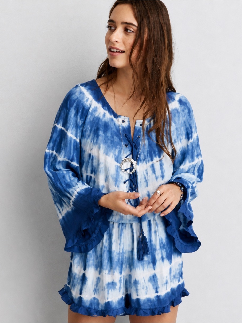 American Eagle Outfitters Blue and White Tie-Dye Lace-Up One-Piece with pockets